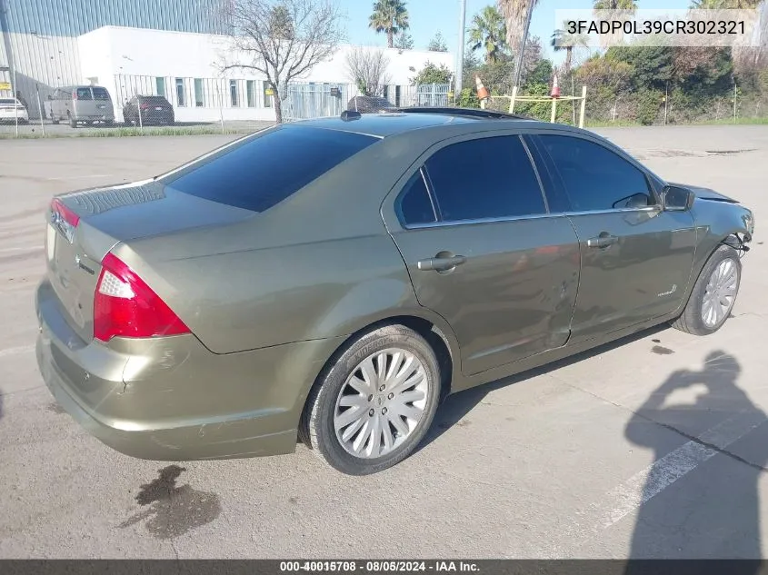 2012 Ford Fusion Hybrid VIN: 3FADP0L39CR302321 Lot: 40015708