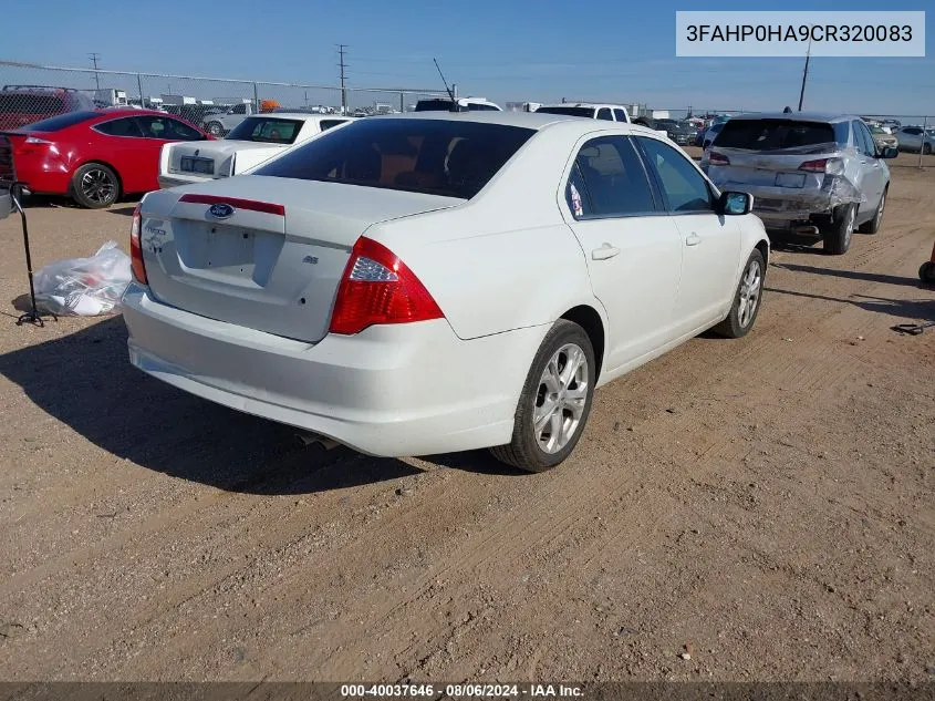 2012 Ford Fusion Se VIN: 3FAHP0HA9CR320083 Lot: 40037646