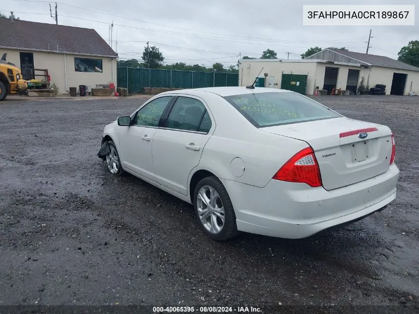 2012 Ford Fusion Se VIN: 3FAHP0HA0CR189867 Lot: 40065395