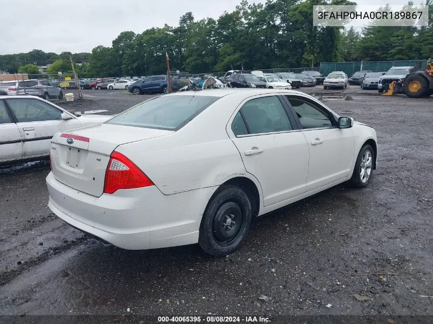 2012 Ford Fusion Se VIN: 3FAHP0HA0CR189867 Lot: 40065395