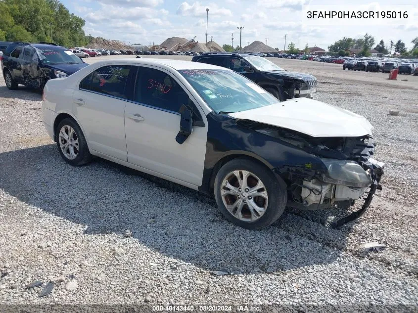 2012 Ford Fusion Se VIN: 3FAHP0HA3CR195016 Lot: 40143440