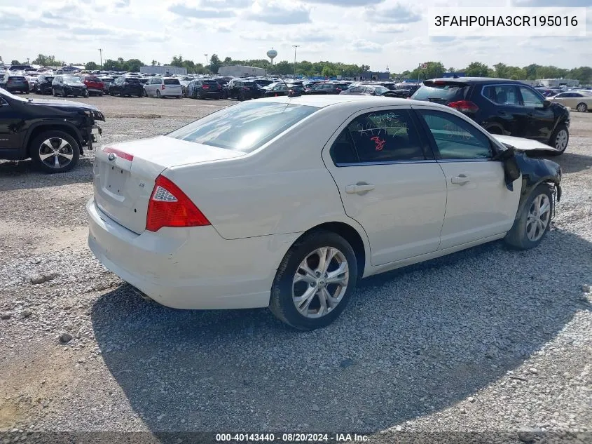 2012 Ford Fusion Se VIN: 3FAHP0HA3CR195016 Lot: 40143440