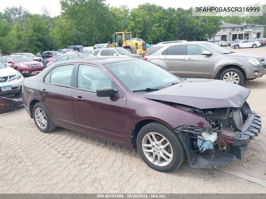 2012 Ford Fusion S VIN: 3FAHP0GA5CR316999 Lot: 40153369