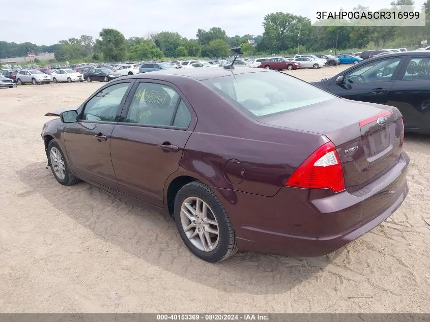 2012 Ford Fusion S VIN: 3FAHP0GA5CR316999 Lot: 40153369