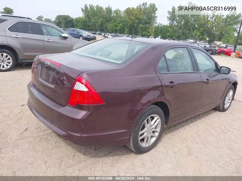 3FAHP0GA5CR316999 2012 Ford Fusion S