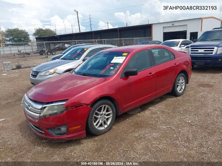 2012 Ford Fusion S VIN: 3FAHP0GA8CR332193 Lot: 40158196