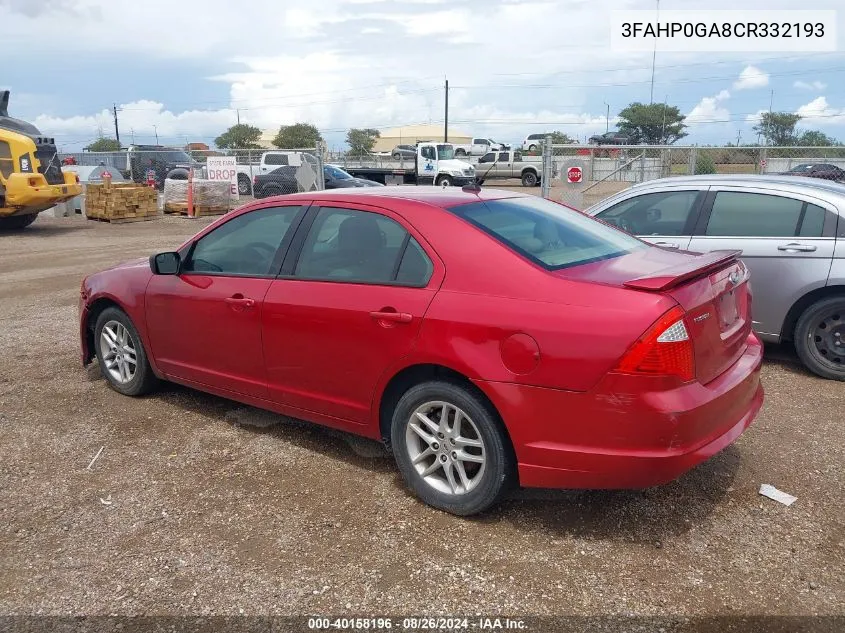 2012 Ford Fusion S VIN: 3FAHP0GA8CR332193 Lot: 40158196