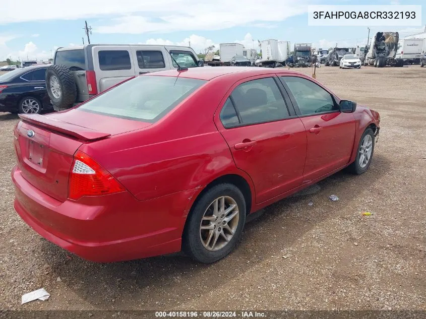 2012 Ford Fusion S VIN: 3FAHP0GA8CR332193 Lot: 40158196