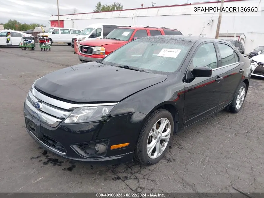 2012 Ford Fusion Se VIN: 3FAHP0HA0CR136960 Lot: 40166023