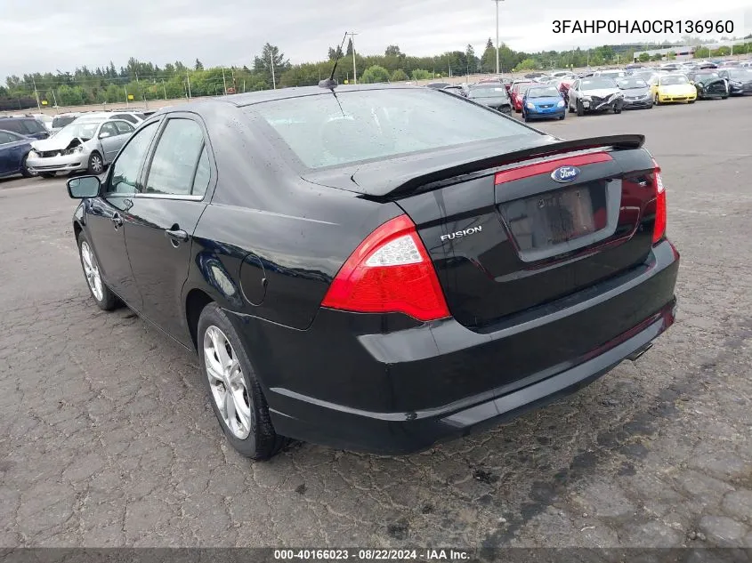 2012 Ford Fusion Se VIN: 3FAHP0HA0CR136960 Lot: 40166023