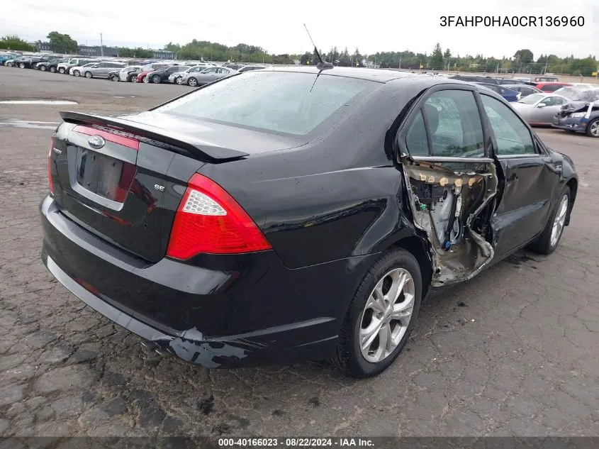 2012 Ford Fusion Se VIN: 3FAHP0HA0CR136960 Lot: 40166023