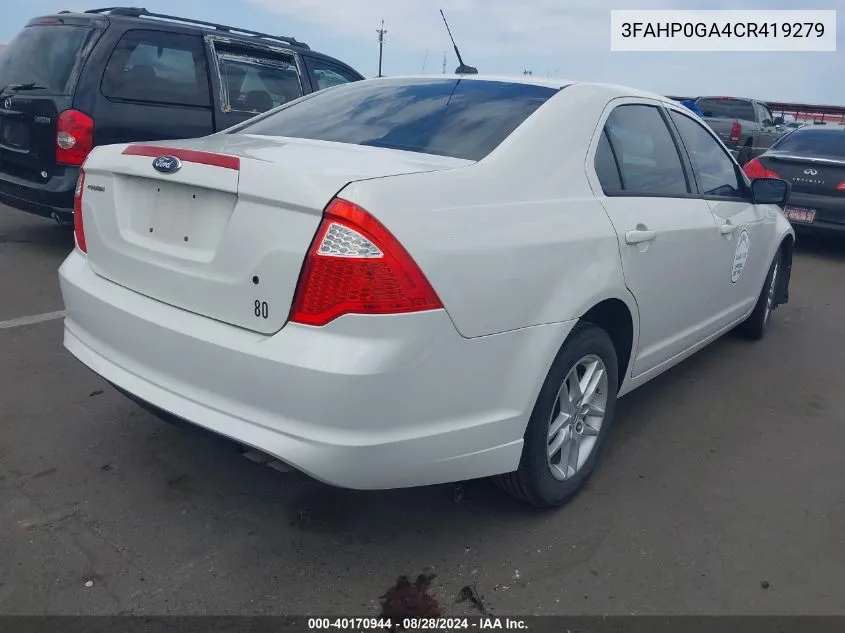 2012 Ford Fusion S VIN: 3FAHP0GA4CR419279 Lot: 40170944