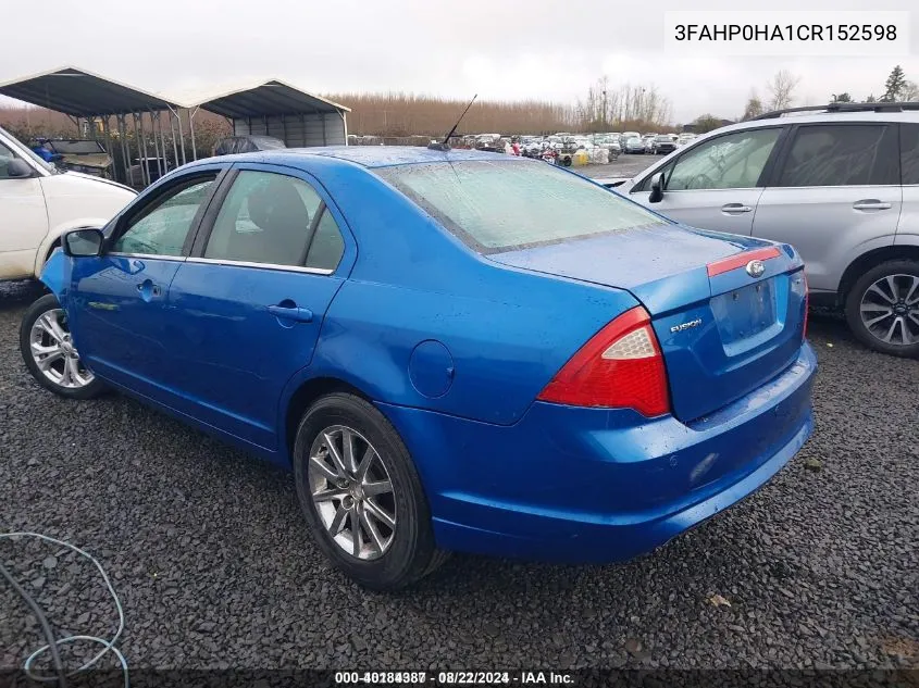 2012 Ford Fusion Se VIN: 3FAHP0HA1CR152598 Lot: 40184387