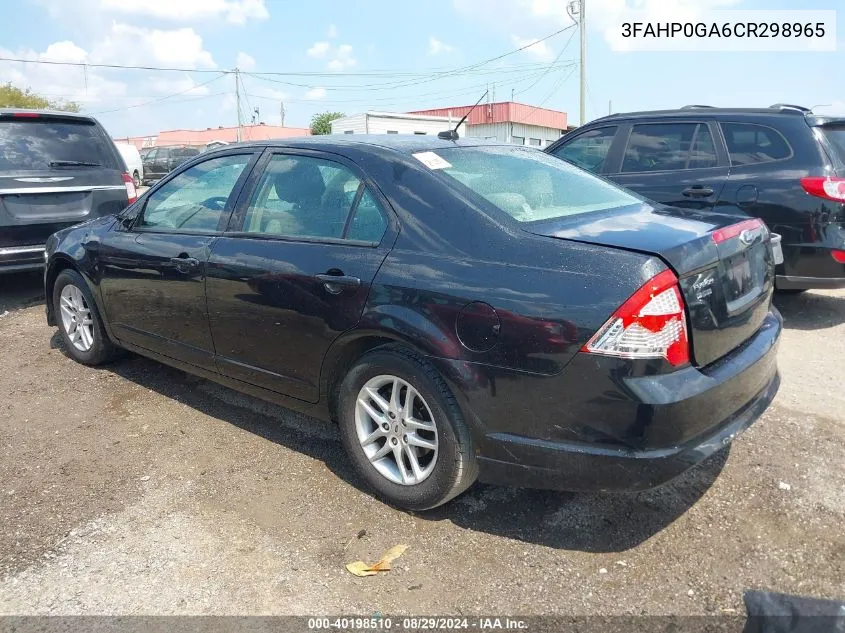 2012 Ford Fusion S VIN: 3FAHP0GA6CR298965 Lot: 40198510