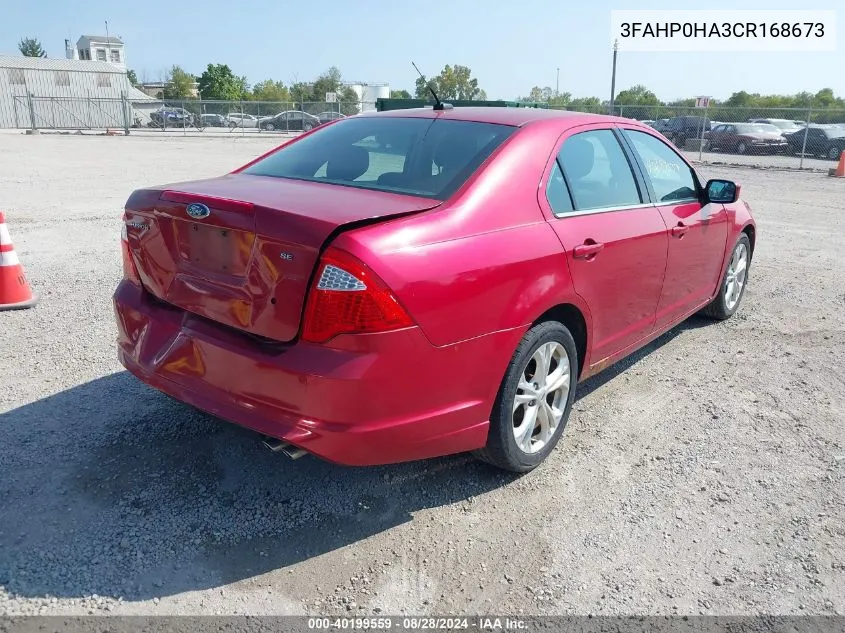 2012 Ford Fusion Se VIN: 3FAHP0HA3CR168673 Lot: 40199559