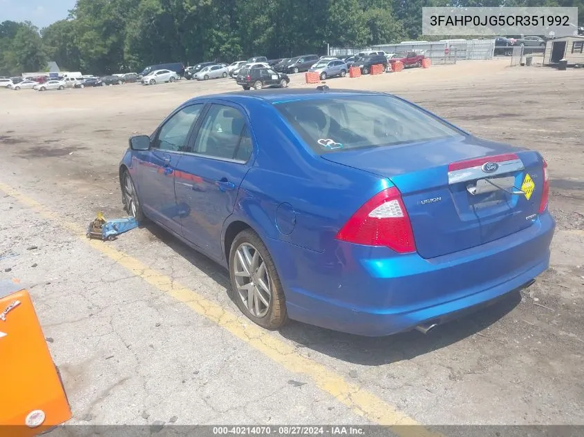 2012 Ford Fusion Sel VIN: 3FAHP0JG5CR351992 Lot: 40214070