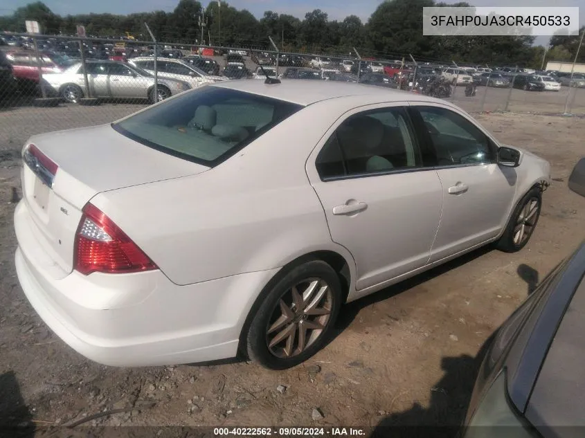 2012 Ford Fusion Sel VIN: 3FAHP0JA3CR450533 Lot: 40222562