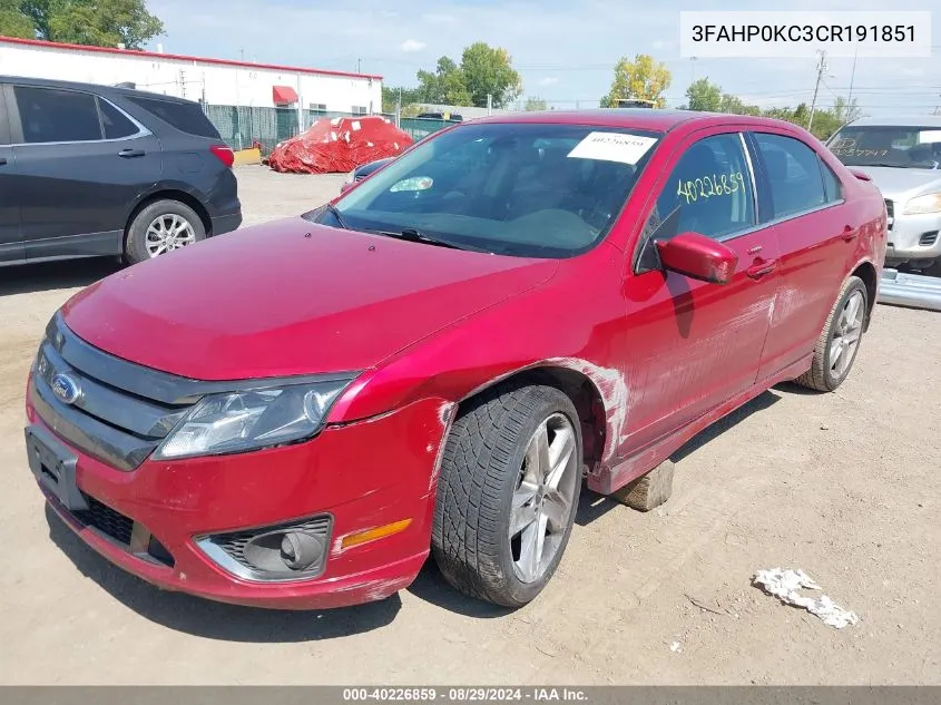 2012 Ford Fusion Sport VIN: 3FAHP0KC3CR191851 Lot: 40226859