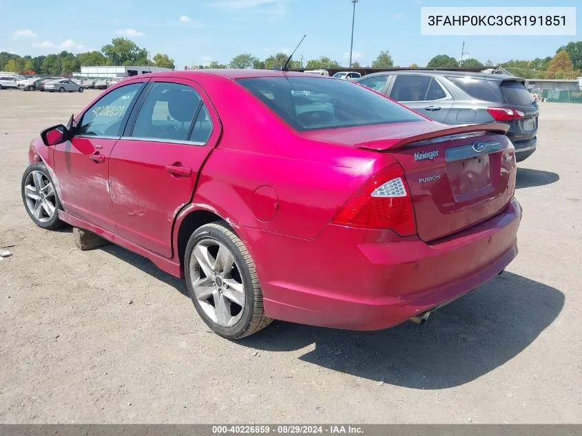 2012 Ford Fusion Sport VIN: 3FAHP0KC3CR191851 Lot: 40226859