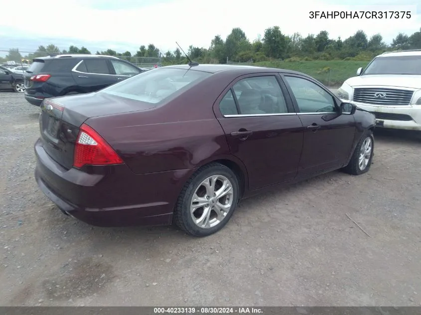 2012 Ford Fusion Se VIN: 3FAHP0HA7CR317375 Lot: 40233139