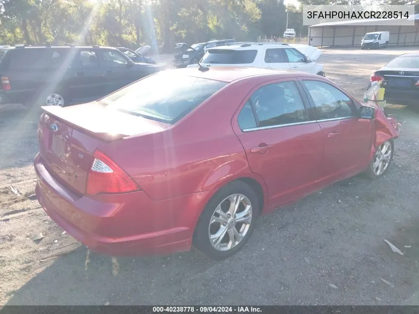 2012 Ford Fusion Se VIN: 3FAHP0HAXCR228514 Lot: 40238778