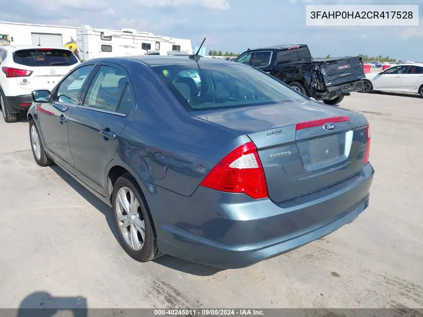 2012 Ford Fusion Se VIN: 3FAHP0HA2CR417528 Lot: 40245011