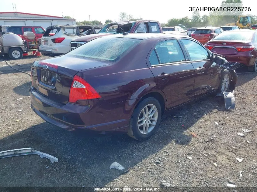 2012 Ford Fusion S VIN: 3FAHP0GA8CR225726 Lot: 40245301