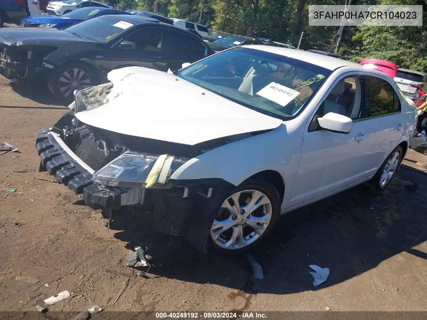 2012 Ford Fusion Se VIN: 3FAHP0HA7CR104023 Lot: 40249192