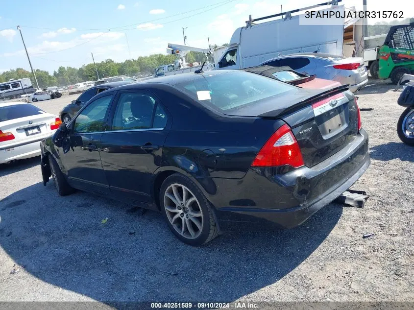 2012 Ford Fusion Sel VIN: 3FAHP0JA1CR315762 Lot: 40251589