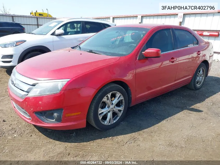 2012 Ford Fusion Se VIN: 3FAHP0HA7CR402796 Lot: 40264722