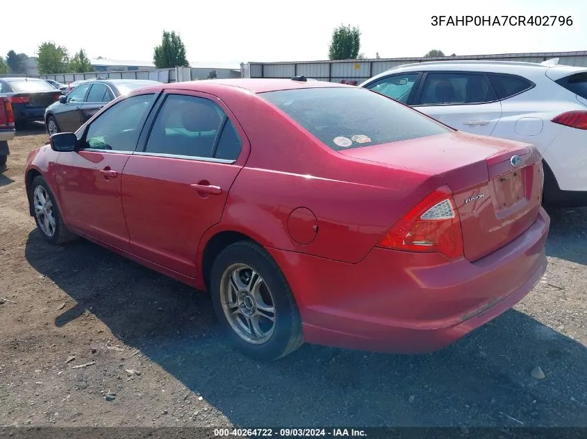 2012 Ford Fusion Se VIN: 3FAHP0HA7CR402796 Lot: 40264722