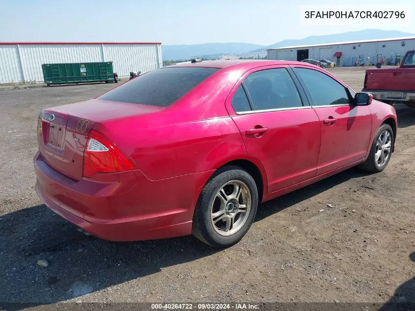 2012 Ford Fusion Se VIN: 3FAHP0HA7CR402796 Lot: 40264722