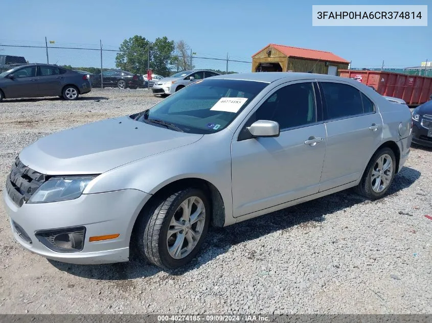 2012 Ford Fusion Se VIN: 3FAHP0HA6CR374814 Lot: 40274185