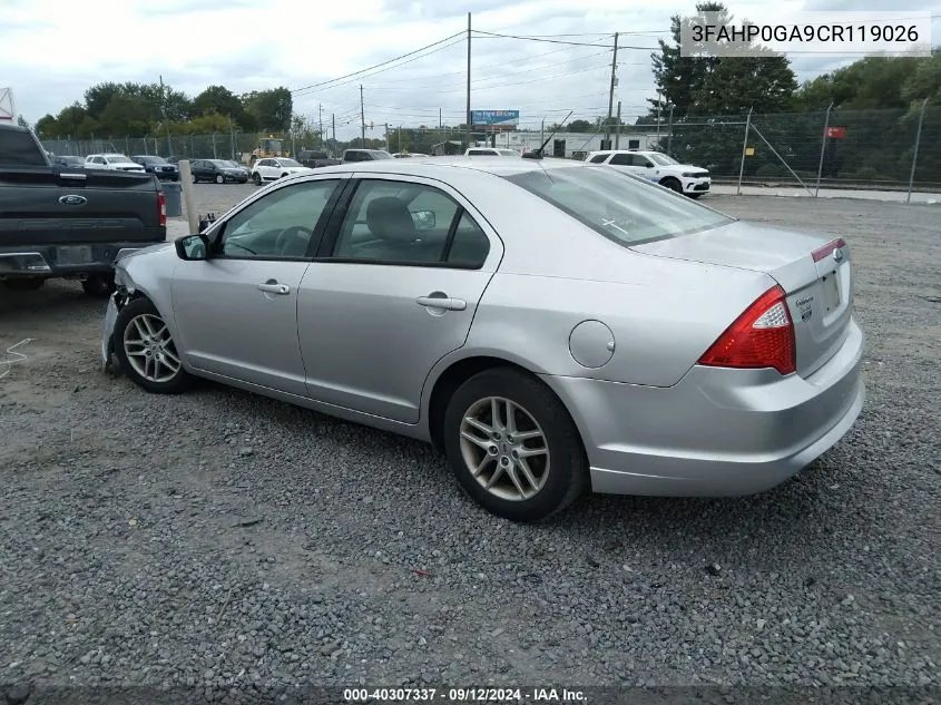 2012 Ford Fusion S VIN: 3FAHP0GA9CR119026 Lot: 40307337