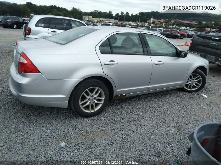 2012 Ford Fusion S VIN: 3FAHP0GA9CR119026 Lot: 40307337