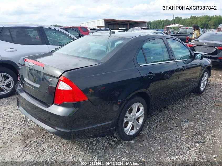 2012 Ford Fusion Se VIN: 3FAHP0HAXCR387842 Lot: 40322561