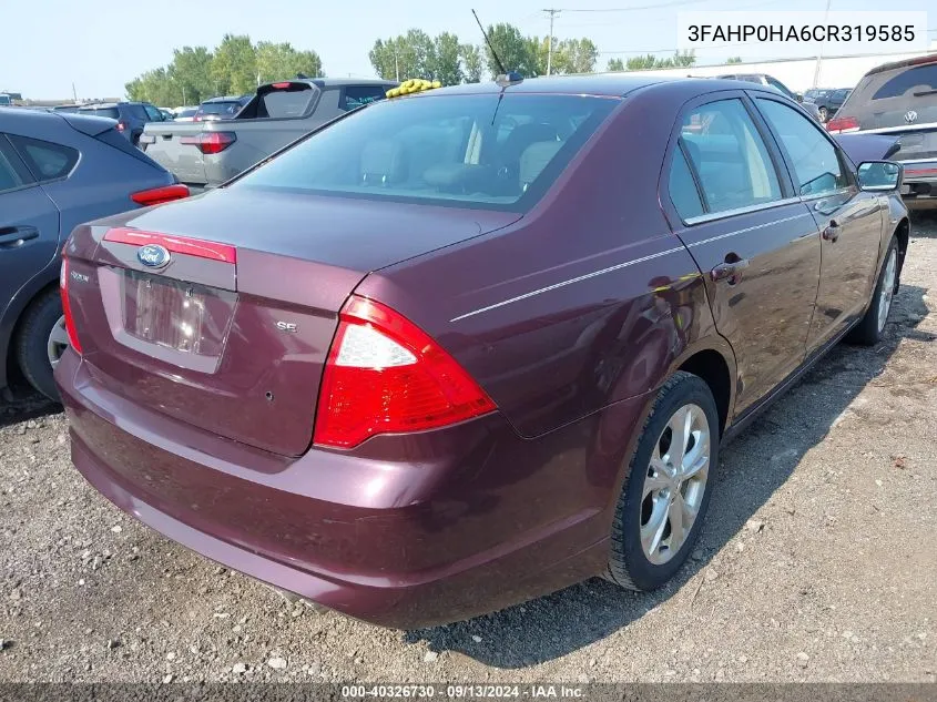 2012 Ford Fusion Se VIN: 3FAHP0HA6CR319585 Lot: 40326730