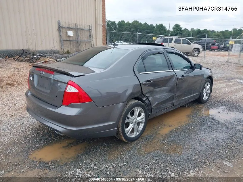 2012 Ford Fusion Se VIN: 3FAHP0HA7CR314766 Lot: 40348554