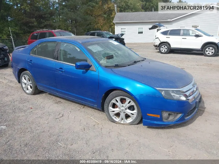 2012 Ford Fusion VIN: 3FAHP0HA7CR281994 Lot: 40358419