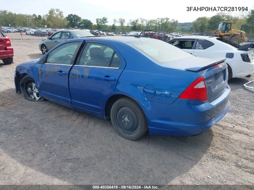 2012 Ford Fusion VIN: 3FAHP0HA7CR281994 Lot: 40358419