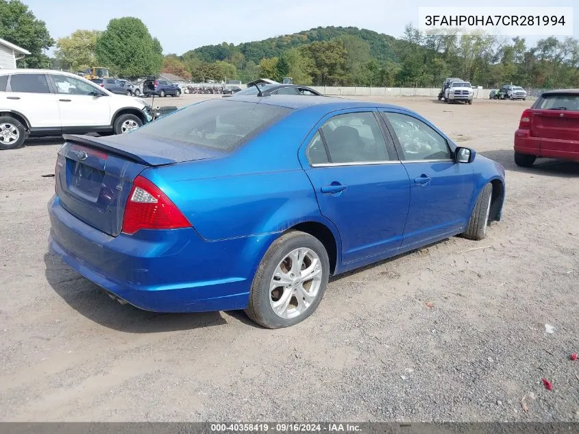 2012 Ford Fusion VIN: 3FAHP0HA7CR281994 Lot: 40358419