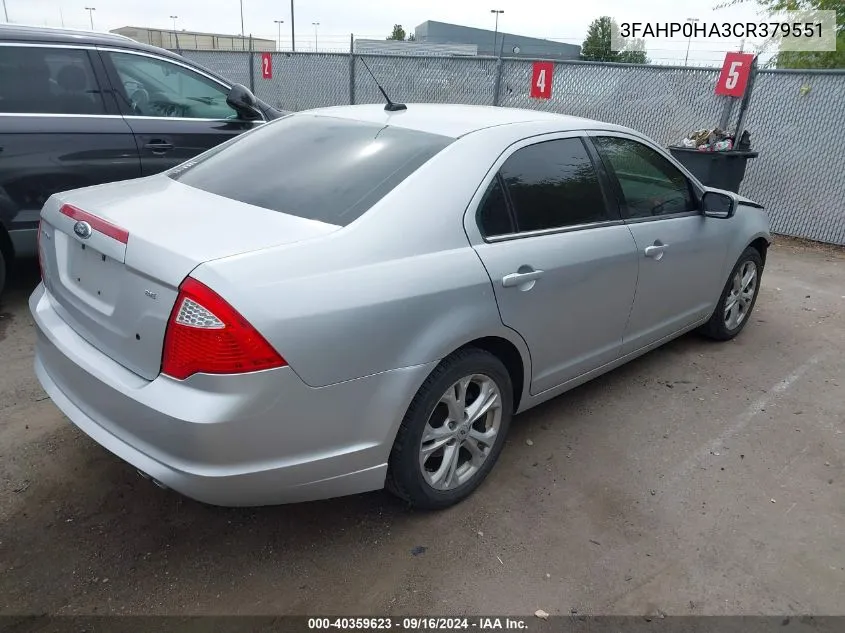 2012 Ford Fusion Se VIN: 3FAHP0HA3CR379551 Lot: 40359623