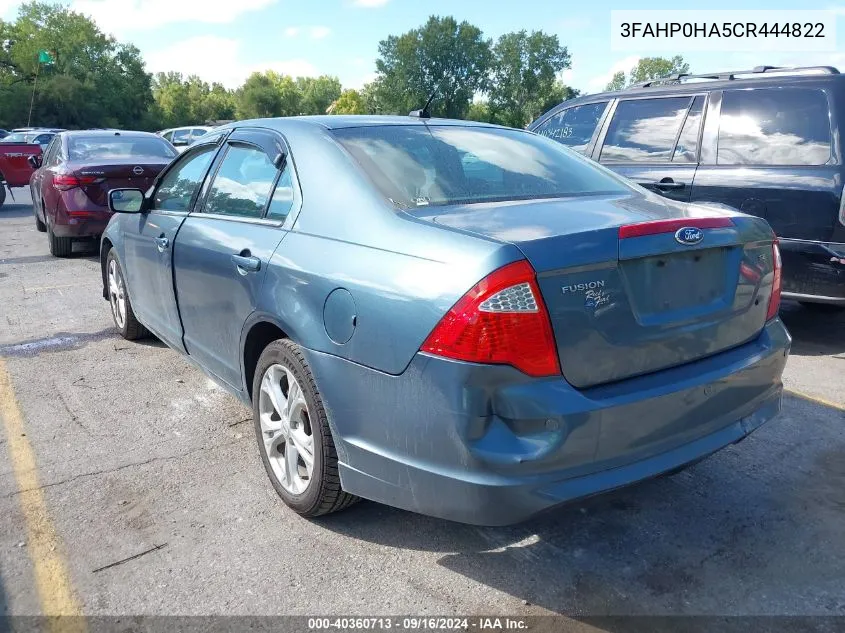 2012 Ford Fusion Se VIN: 3FAHP0HA5CR444822 Lot: 40360713