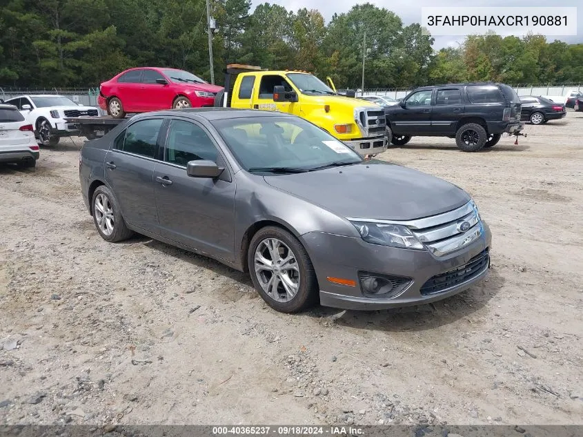 2012 Ford Fusion Se VIN: 3FAHP0HAXCR190881 Lot: 40365237