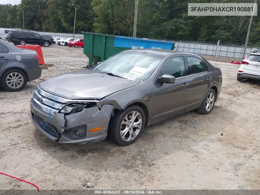 2012 Ford Fusion Se VIN: 3FAHP0HAXCR190881 Lot: 40365237