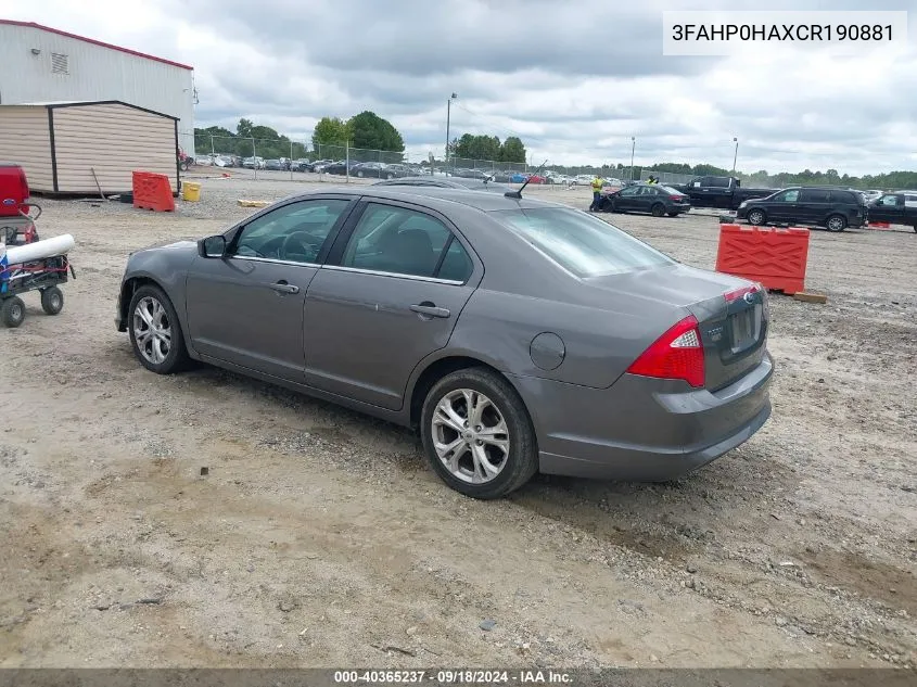 2012 Ford Fusion Se VIN: 3FAHP0HAXCR190881 Lot: 40365237