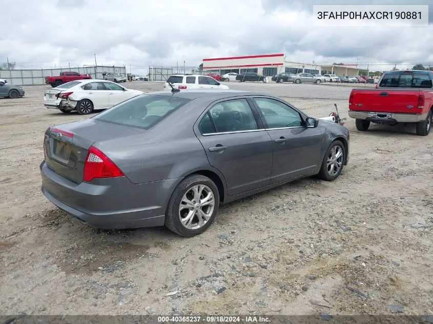 2012 Ford Fusion Se VIN: 3FAHP0HAXCR190881 Lot: 40365237