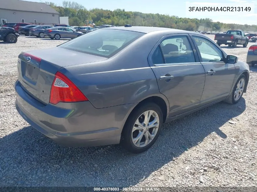 2012 Ford Fusion Se VIN: 3FAHP0HA4CR213149 Lot: 40378003