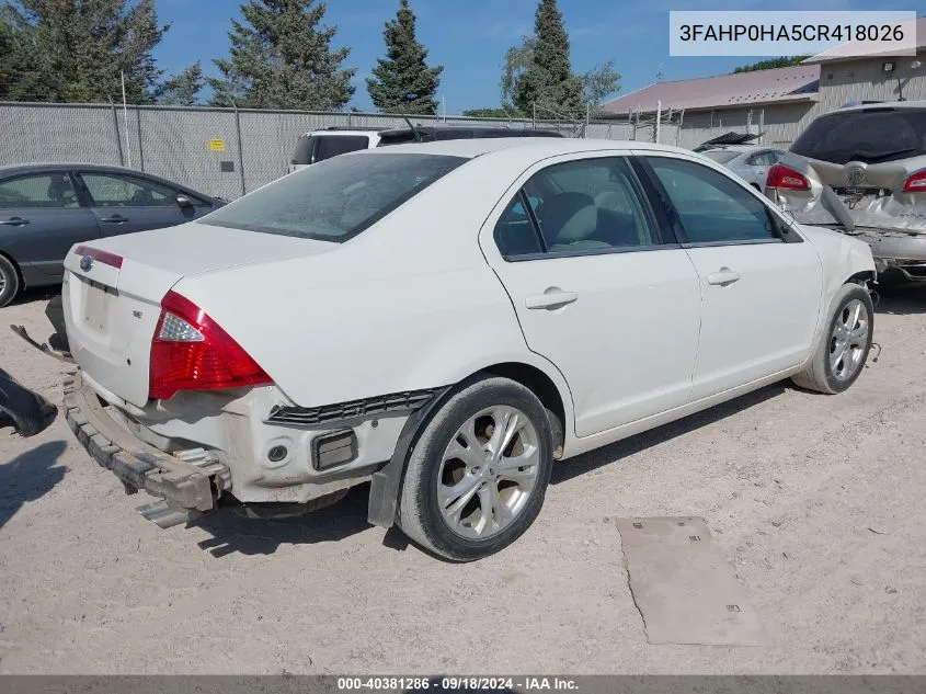 2012 Ford Fusion Se VIN: 3FAHP0HA5CR418026 Lot: 40381286