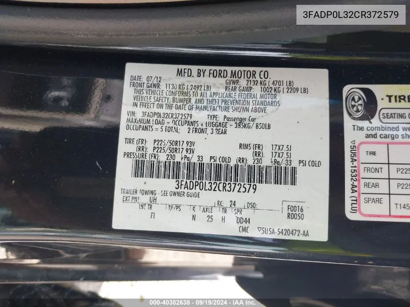 2012 Ford Fusion Hybrid VIN: 3FADP0L32CR372579 Lot: 40382638